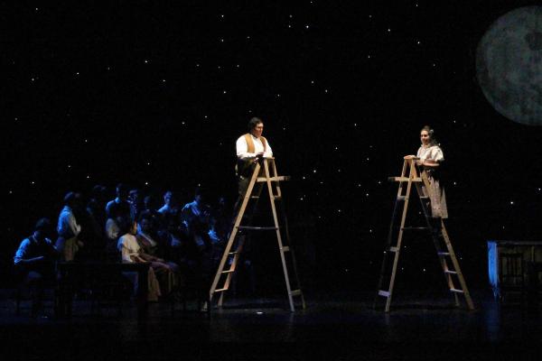 Jake Tulley, as George Gibbs, and Brianna Finnell, as Emily Webb in the Southern California premiere of Ned Rorem's "Our Town" based on the play by Thornton Wilder, 2017 Jake Tulley, as George Gibbs, and Brianna Finnell, as Emily Webb in the Southern California premiere of Ned Rorem's "Our Town" based on the play by Thornton Wilder, 2017