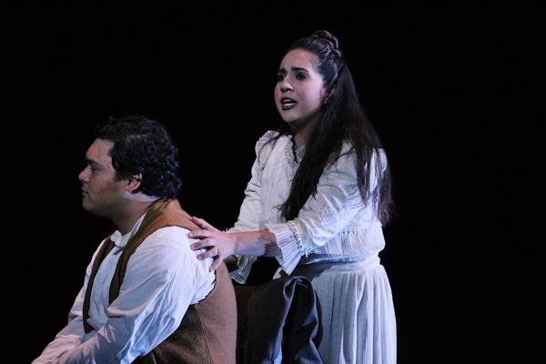 Jake Tulley as George Gibbs, and Brianna Finnell as Emily Webb (Mrs. George Gibbs) in the Southern California premiere of Ned Rorem's "Our Town" based on the play by Thornton Wilder, 2017 Jake Tulley as George Gibbs, and Brianna Finnell as Emily Webb (Mrs. George Gibbs) in the Southern California premiere of Ned Rorem's "Our Town" based on the play by Thornton Wilder, 2017
