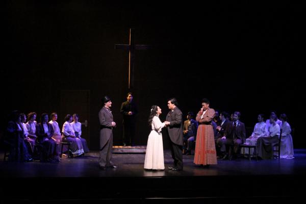 Jaime Sanderson as Mr. Webb, David Chung as Stage Director, Brianna Finnell as Emily Webb, Jake Tulley as George Gibbs, and Marlaina Owens as Mrs. Gibbs in the Southern California premiere of Ned Rorem's "Our Town" based on the play by Thornton Wilder, 20 Jaime Sanderson as Mr. Webb, David Chung as Stage Director, Brianna Finnell as Emily Webb, Jake Tulley as George Gibbs, and Marlaina Owens as Mrs. Gibbs in the Southern California premiere of Ned Rorem's "Our Town" based on the play by Thornton Wilder, 20