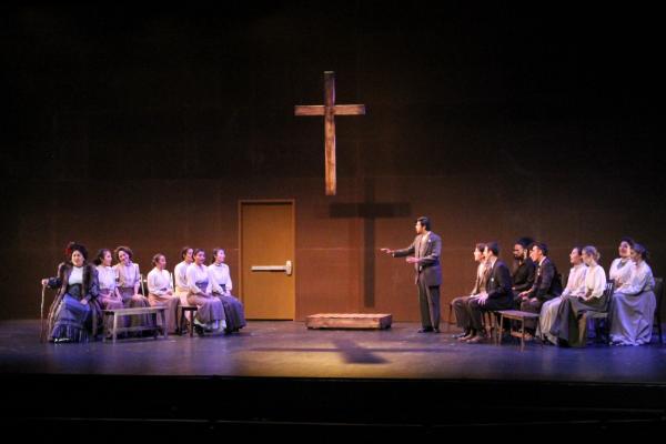 Nena Aldaz as Mrs. Soames, and Kibsaim Escarcega as Simon Stimson in the Southern California premiere of Ned Rorem's "Our Town" based on the play by Thornton Wilder, 2017 Nena Aldaz as Mrs. Soames, and Kibsaim Escarcega as Simon Stimson in the Southern California premiere of Ned Rorem's "Our Town" based on the play by Thornton Wilder, 2017